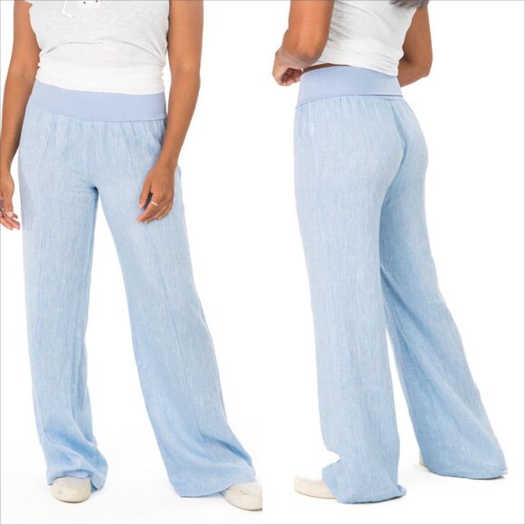 Hiho Marigot Linen Roll Down Pant Size Small Wide Leg Blue Chambray Coastal - Picture 1 of 6